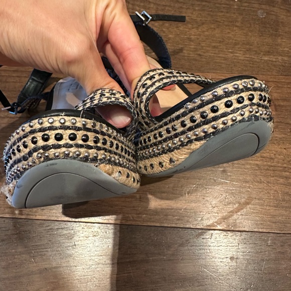 Schutz Black and Natural Espadrille Wedge Sandals with Stud Accents - Picture 9 of 11